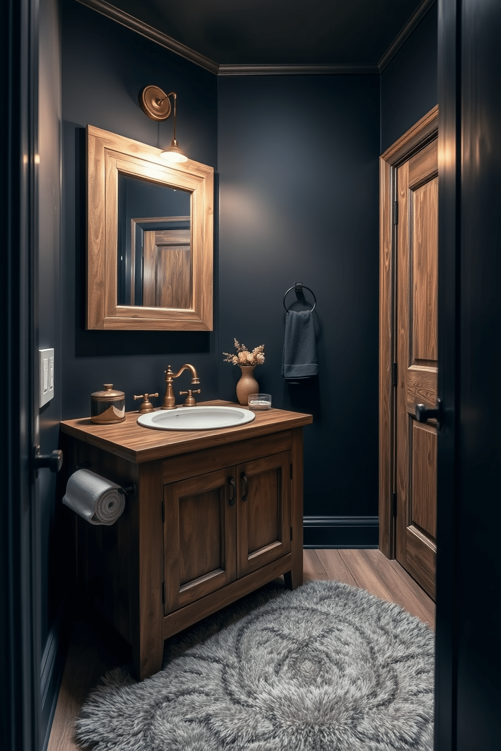 A moody powder room featuring distressed wood accents that create a cozy and inviting atmosphere. The walls are painted in a deep navy hue, complemented by a reclaimed wood vanity with a vintage-style sink and ornate brass fixtures. Soft, ambient lighting highlights the textures of the wood, while a rustic mirror with a weathered frame adds character to the space. A plush, dark-colored rug lies beneath, adding warmth and comfort to the room.