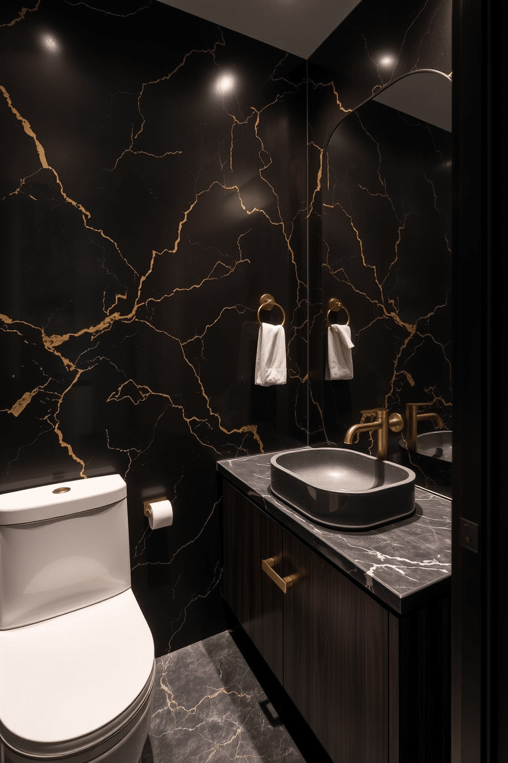 A moody powder room featuring luxurious dark marble with striking gold veins. The walls are adorned with deep, rich colors, creating an intimate and sophisticated atmosphere. A sleek, modern sink is integrated into a dark wooden vanity, complemented by elegant gold fixtures. Soft, ambient lighting highlights the marble's beauty and casts a warm glow throughout the space.