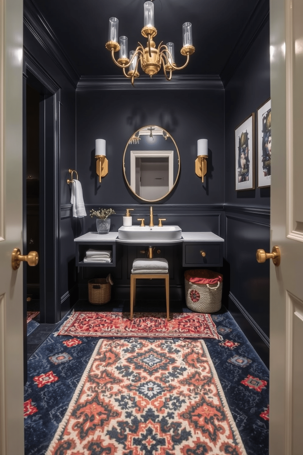 A moody powder room features bold patterned rugs in deep colors, creating a striking visual impact on the floor. The walls are painted in a rich navy blue, complemented by elegant gold fixtures and a dramatic chandelier overhead.