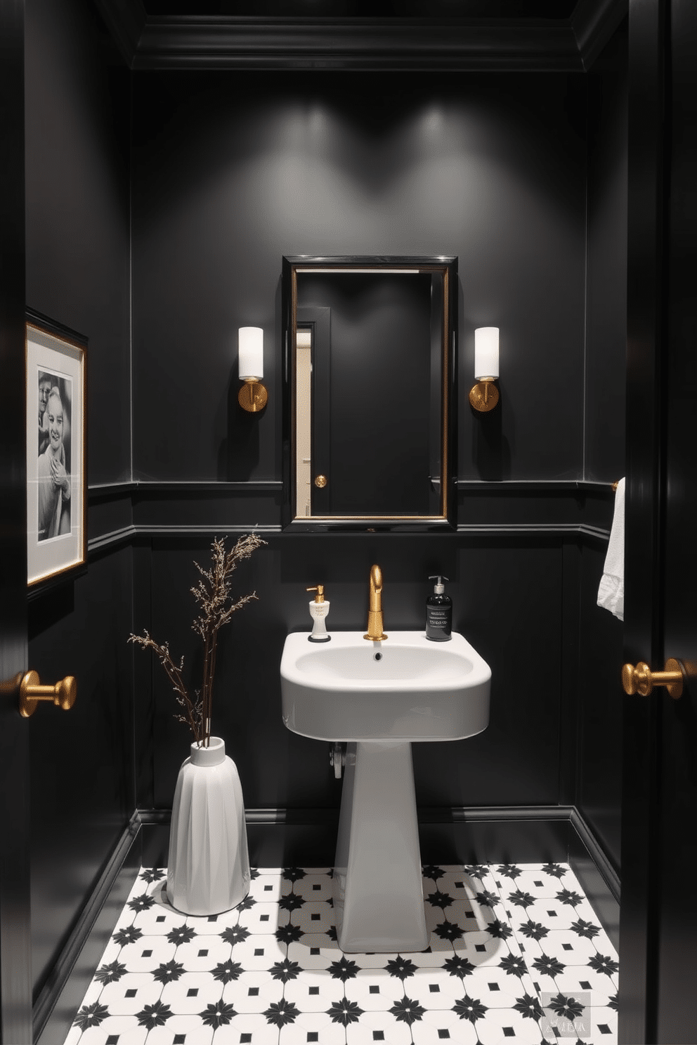 A moody powder room featuring chic black-and-white contrast elements. The walls are painted in a deep charcoal hue, creating an intimate atmosphere, while a sleek white pedestal sink stands out against the dark backdrop. Accents of gold in the fixtures add a touch of luxury, complemented by a black-framed mirror that reflects the room's elegance. A patterned black and white tile floor enhances the visual interest, grounding the space with a bold graphic element.