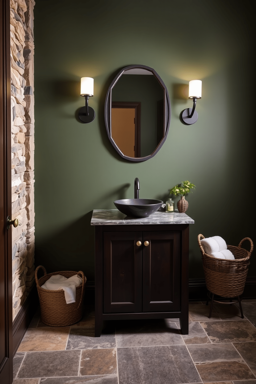 A moody powder room featuring earthy tones and natural stone details. The walls are adorned with deep green paint, complemented by a textured stone accent wall that adds depth and warmth. A sleek, dark wood vanity with a polished granite countertop holds a single, elegant vessel sink. Above the vanity, a vintage-inspired mirror with a dark metal frame reflects the soft glow of wall sconces, creating an inviting ambiance. The floor is laid with large, matte stone tiles in varying shades of gray and brown, enhancing the natural aesthetic. A stylish woven basket filled with plush towels sits in the corner, while a small potted plant adds a touch of life to the space.