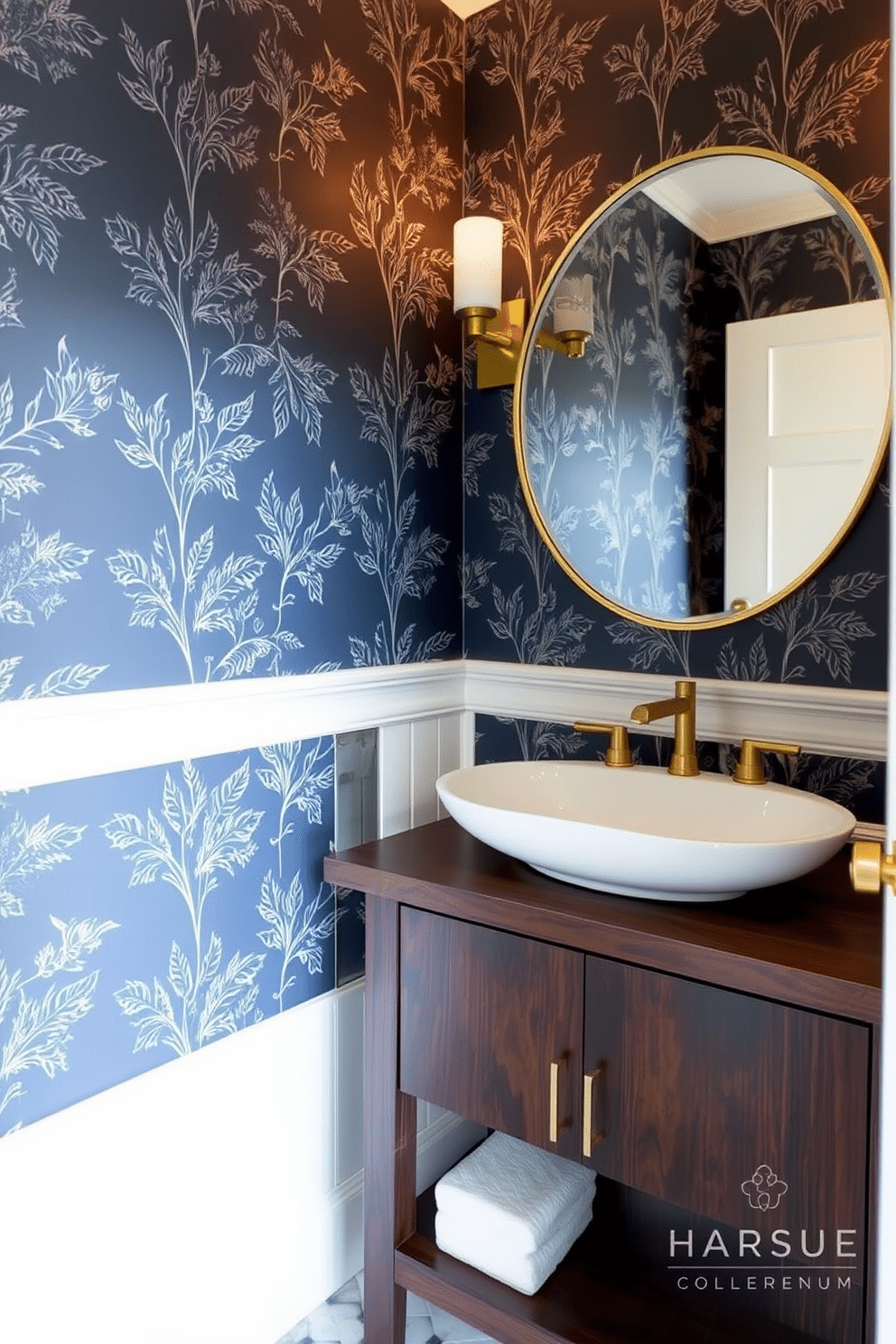 A moody powder room featuring deep navy wallpaper adorned with intricate botanical prints. The space is accented by a sleek, modern white sink mounted on a dark wood vanity, complemented by brushed gold fixtures.