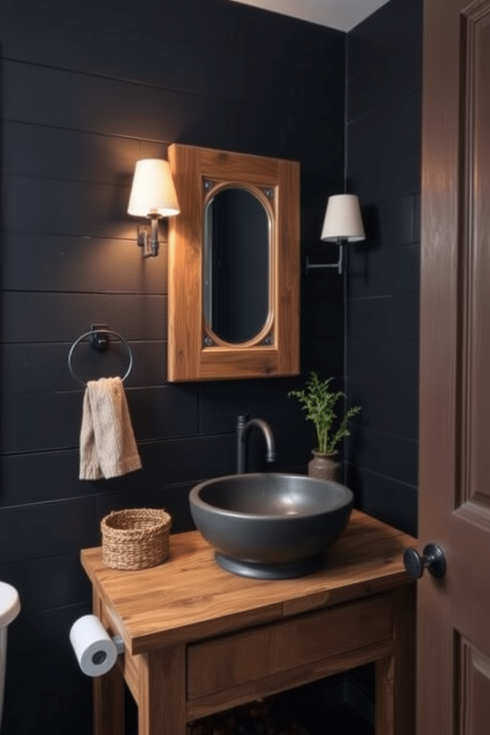 A moody powder room features striking black shiplap walls that create a dramatic backdrop. Rustic decor elements, such as a vintage wooden mirror and a distressed wood vanity, enhance the inviting atmosphere. Soft, warm lighting from sconces casts a gentle glow, highlighting the textured surfaces. A deep sink with a matte black faucet sits atop the vanity, complemented by earthy accessories like a woven basket and potted greenery.