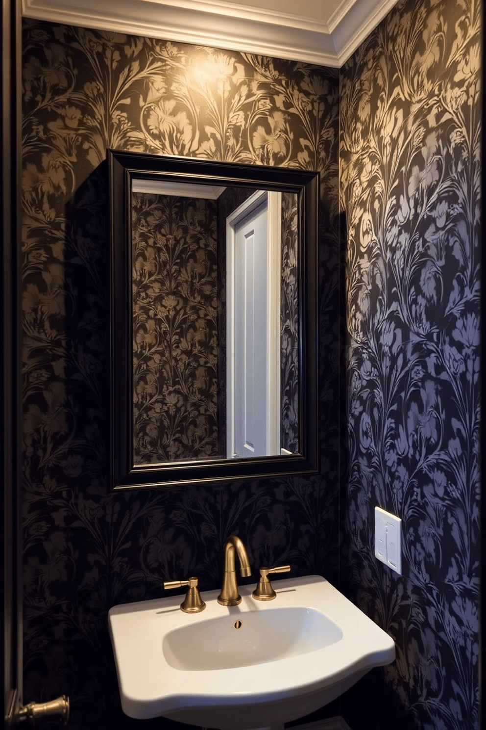 Moody floral wallpaper adorns the walls of a chic powder room, creating an intimate and dramatic atmosphere. A dark wooden frame encases the mirror above the elegant sink, enhancing the room's sophisticated aesthetic. The sink features a sleek, modern design with a polished brass faucet that adds a touch of luxury. Soft, ambient lighting illuminates the space, highlighting the intricate patterns of the wallpaper and creating a warm, inviting glow.