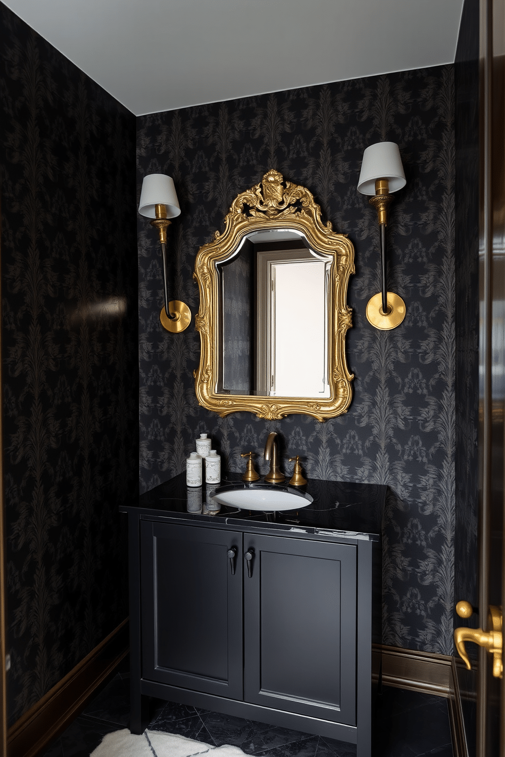 Textured wallpaper with metallic elements creates an opulent atmosphere in a moody powder room. The walls are adorned with deep charcoal wallpaper featuring intricate patterns that shimmer subtly in the light, enhancing the room's depth and elegance. A sleek, dark vanity complements the wallpaper, topped with a striking black marble countertop. Above the vanity, a vintage-inspired mirror with an ornate gold frame adds a touch of glamour, while stylish sconces provide warm, inviting illumination.