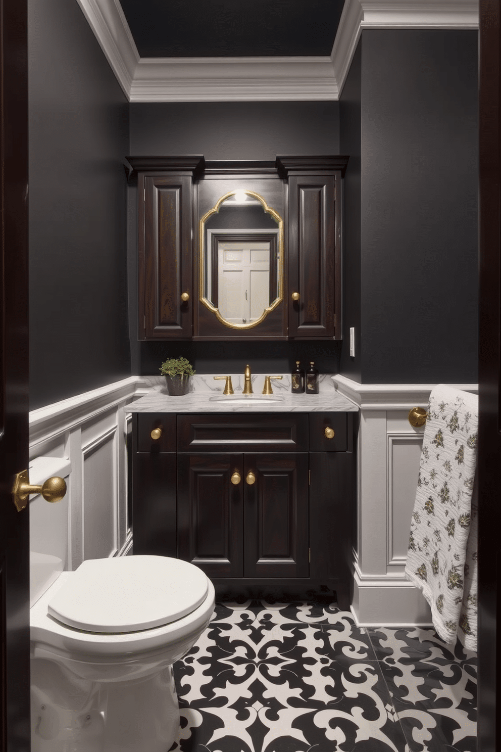 A moody powder room featuring dark wood cabinetry adorned with elegant brass hardware. The walls are painted in a deep, rich hue, complemented by a striking black and white patterned floor tile.