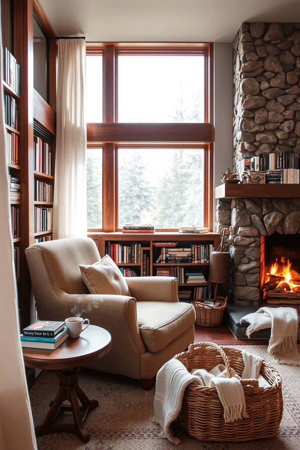 A cozy reading nook by the fireplace features a plush armchair upholstered in soft, warm fabric, positioned next to a stone fireplace with a crackling fire. A small wooden side table holds a steaming cup of tea and a stack of well-loved books, while a woven basket filled with blankets sits nearby. The walls are lined with custom-built bookshelves, filled with an array of colorful books, creating an inviting atmosphere. Large windows allow natural light to flood in, framed by sheer curtains that flutter gently in the breeze, enhancing the serene mountain home library design.