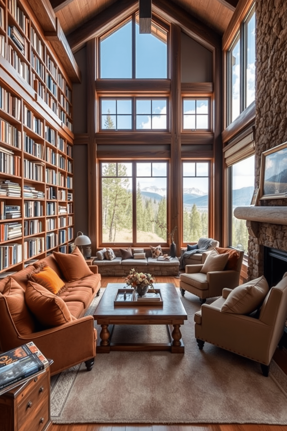 A cozy reading corner featuring oversized cushions in warm, earthy tones, surrounded by floor-to-ceiling bookshelves filled with an eclectic mix of books. A large window lets in natural light, while a soft area rug adds warmth underfoot, creating an inviting space for relaxation and reading. The mountain home library is designed with rustic wooden beams and a stone fireplace as the focal point. Plush armchairs are arranged around a handcrafted wooden coffee table, and large windows provide stunning views of the surrounding landscape, enhancing the tranquil atmosphere.