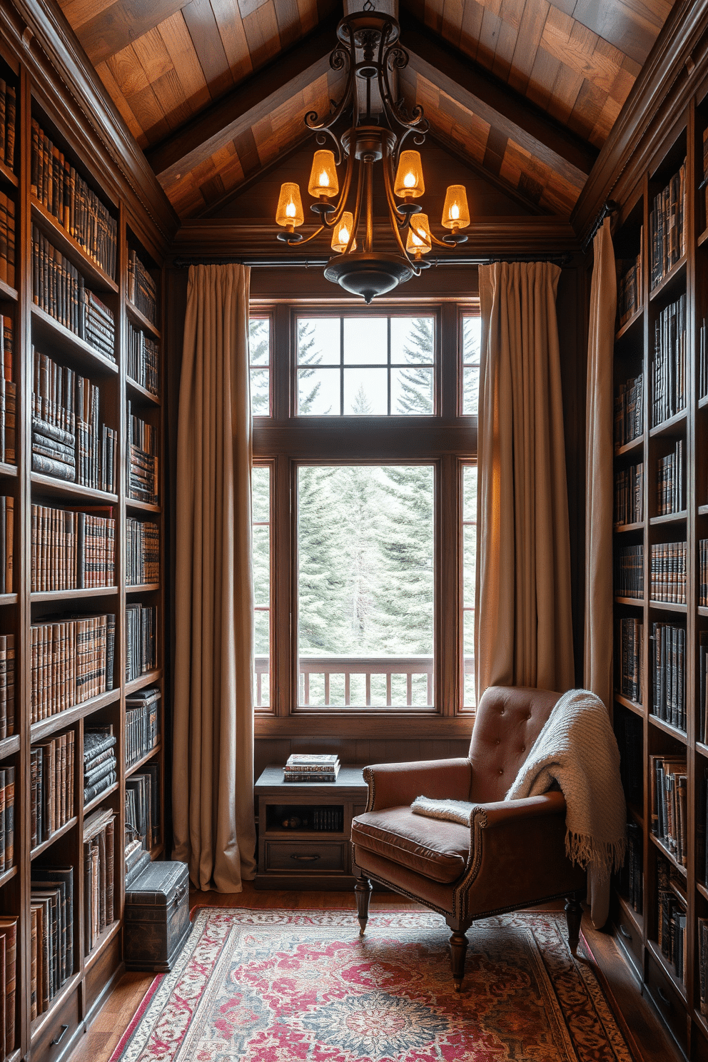 A cozy mountain home library features antique wooden bookshelves filled with leather-bound books, showcasing a rich patina that adds character. A plush, vintage armchair sits in the corner, draped with a soft wool blanket, creating an inviting reading nook. The room is illuminated by a wrought-iron chandelier that casts a warm glow over the space. Large windows framed with heavy drapes offer a stunning view of the surrounding pine trees, enhancing the library's rustic charm.