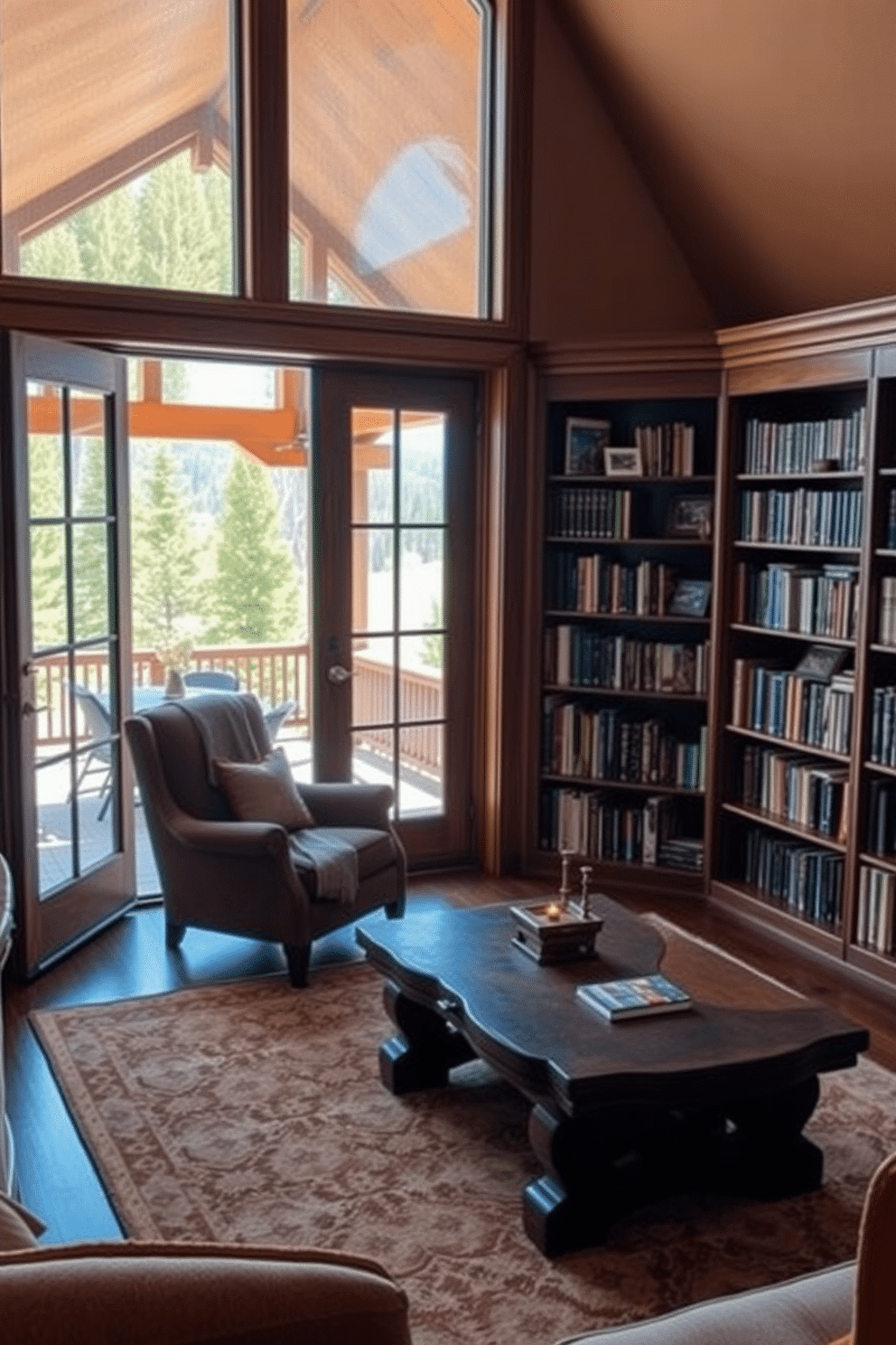 A cozy mountain home library featuring large glass doors that open to a stunning outdoor space, allowing natural light to flood the room. The interior is adorned with rich wooden bookshelves filled with an array of books, complemented by a plush reading chair positioned near the glass doors for a perfect view of the surrounding nature. The library's walls are painted in warm earthy tones, enhancing the inviting atmosphere. A rustic wooden coffee table sits in the center, adorned with a few carefully selected decor items and a soft throw blanket draped over the armchair, creating a perfect retreat for reading and relaxation.