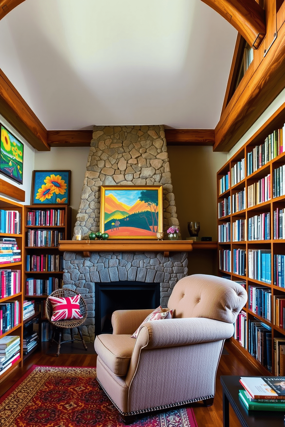 A cozy mountain home library featuring wooden beams and a stone fireplace. The walls are adorned with colorful artwork that brightens the space, creating a welcoming atmosphere. Bookshelves line the walls, filled with an eclectic mix of books and decorative items. A plush, oversized armchair sits in the corner, inviting you to curl up with a good read.