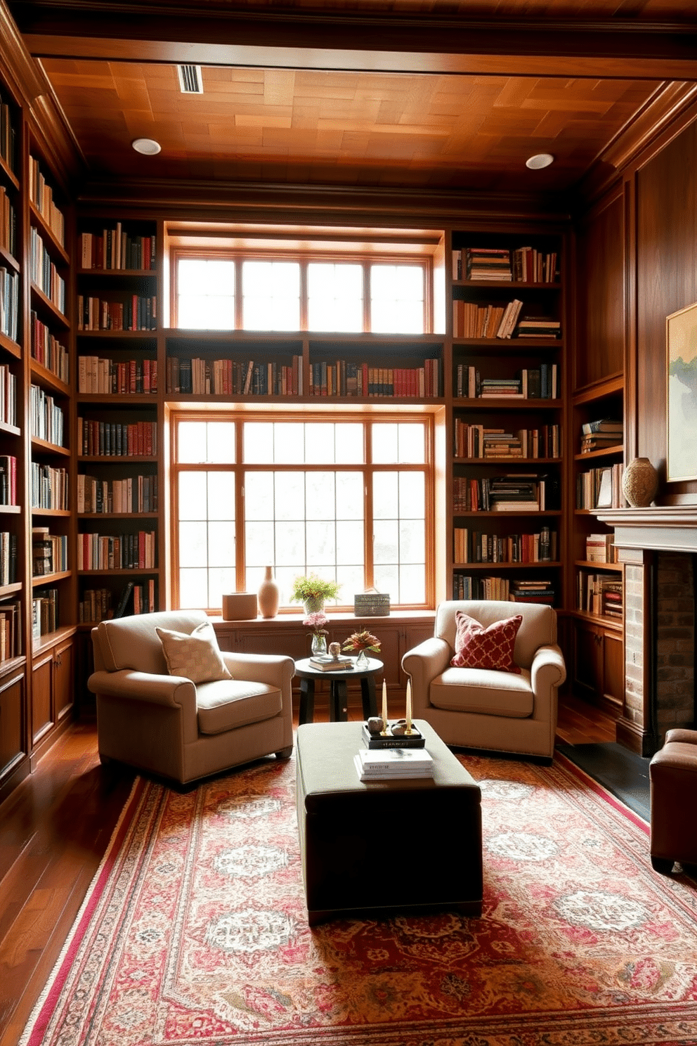 A warm color palette envelops the space, featuring rich browns, soft beiges, and deep reds that create a cozy ambiance. The walls are adorned with wooden paneling, and plush, oversized armchairs invite you to settle in with a good book. The library is anchored by a grand, custom-built bookshelf that stretches from floor to ceiling, filled with an eclectic mix of books and decorative items. A large window allows natural light to flood the room, highlighting a beautifully woven area rug that adds texture to the hardwood floor.