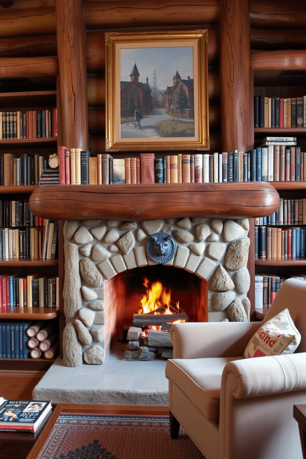 A cozy mountain home library features a rustic fireplace mantel adorned with a collection of well-loved books, creating an inviting atmosphere. The mantel is flanked by handcrafted wooden shelves filled with additional volumes, while a plush armchair sits nearby, offering a perfect reading nook.