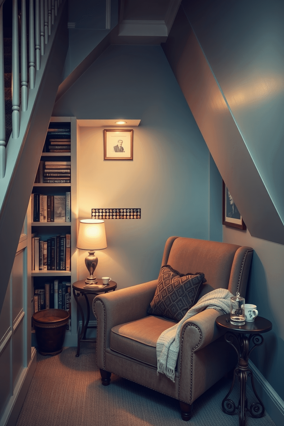 A cozy hidden reading nook tucked under the stairs, featuring a plush armchair upholstered in soft, earthy tones. The nook is illuminated by a warm, ambient light fixture, and surrounded by built-in bookshelves filled with an eclectic mix of books and decorative items. The walls are painted in a calming shade of pale blue, creating a serene atmosphere for reading. A small side table holds a steaming cup of tea and a decorative lamp, while a soft throw blanket is draped over the armchair for added comfort.