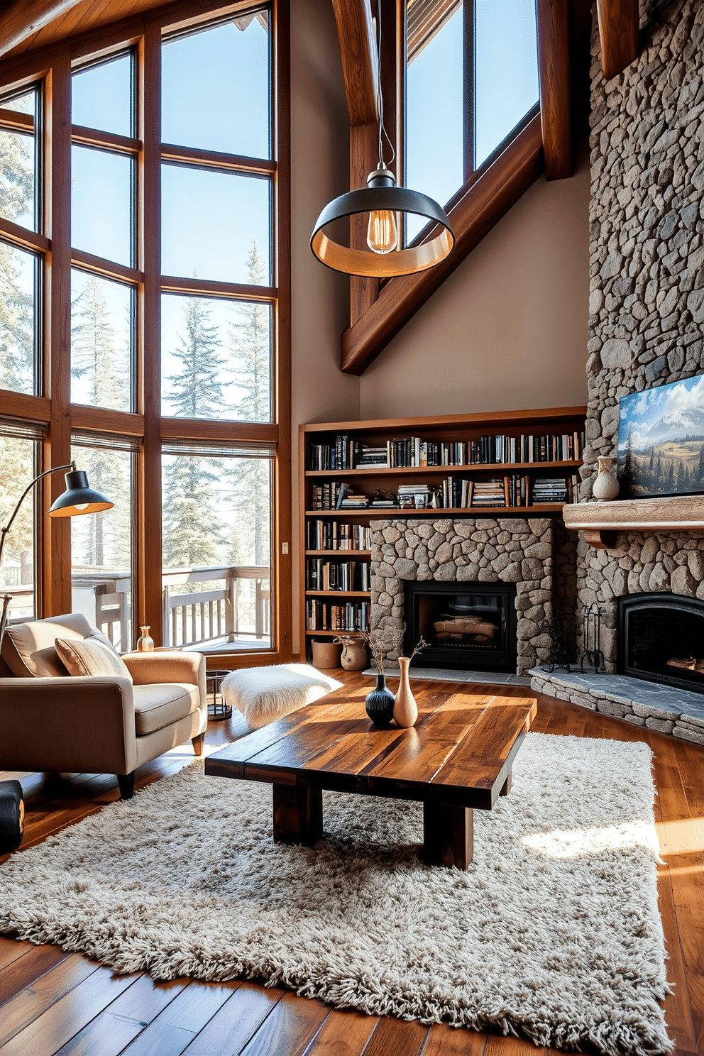 A cozy mountain home library featuring modern lighting fixtures that incorporate rustic elements. The space is adorned with a large wooden bookshelf filled with books, and a plush armchair sits invitingly next to a sleek floor lamp with an industrial design. Natural light filters through large windows, highlighting the warm tones of the wooden beams and the stone fireplace. A rustic coffee table made from reclaimed wood is placed in the center, surrounded by soft, textured rugs that add comfort to the inviting atmosphere.