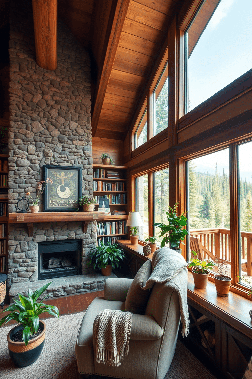 A cozy mountain home library features wooden beams and a stone fireplace, creating a warm and inviting atmosphere. The walls are lined with built-in bookshelves filled with an eclectic mix of books, while a plush, oversized armchair sits in the corner, draped with a soft throw blanket. Nature-inspired decor accents the space, with potted plants and natural wood elements throughout. Large windows offer breathtaking views of the surrounding forest, allowing natural light to flood the room and enhance the earthy color palette.