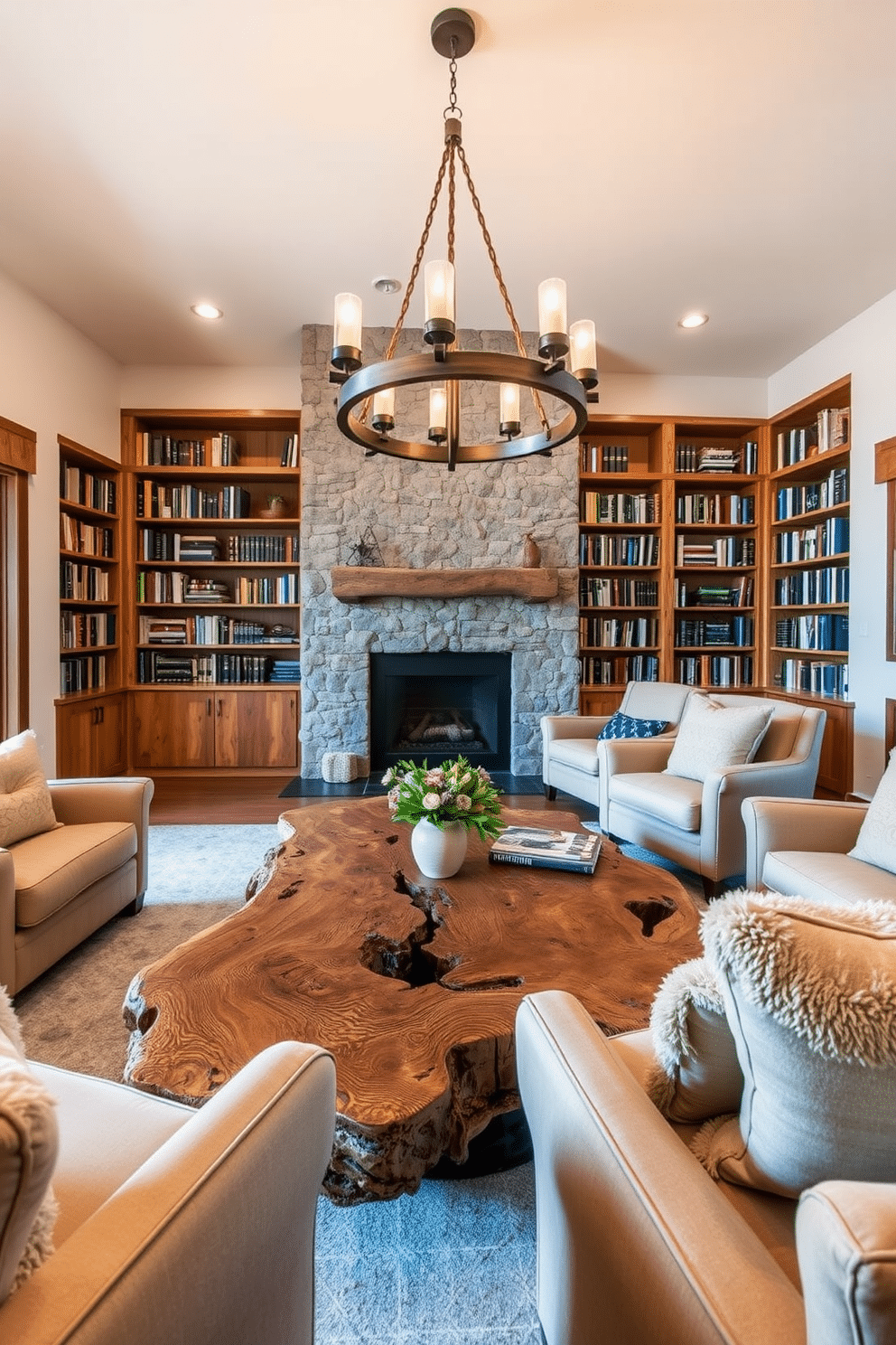 A wooden coffee table with a unique design features intricate carvings and a live edge finish, surrounded by plush, oversized armchairs in a cozy living room. The space is illuminated by a large, rustic chandelier that casts warm light, enhancing the inviting atmosphere. The mountain home library is designed with floor-to-ceiling bookshelves made of reclaimed wood, filled with an extensive collection of books. A large, comfortable reading chair is positioned near a stone fireplace, creating a perfect nook for relaxation and contemplation.