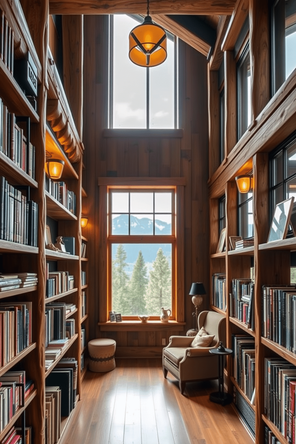 Rustic wooden shelves are adorned with an array of books and decorative items, creating a cozy atmosphere. Warm lighting fixtures cast a soft glow, enhancing the natural textures of the wood and inviting relaxation. The library features a comfortable reading nook with a plush armchair and a small side table. Large windows frame the stunning mountain views, allowing natural light to flood the space while connecting the indoors with the serene outdoor landscape.