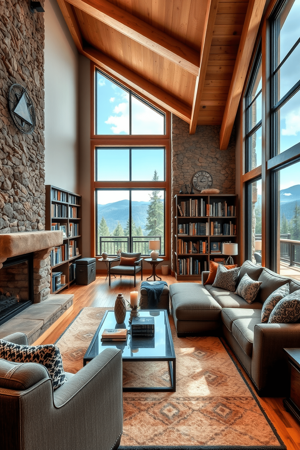 A cozy mountain home library designed for both reading and relaxation features a large, plush sectional sofa positioned near a stone fireplace, creating a warm and inviting atmosphere. Floor-to-ceiling bookshelves line the walls, filled with a curated collection of books, while large windows offer stunning views of the surrounding forest. Natural wood beams stretch across the ceiling, complementing the rustic charm of the space, and a soft area rug anchors the seating area. A stylish coffee table sits in the center, adorned with reading materials and a decorative candle for added ambiance.