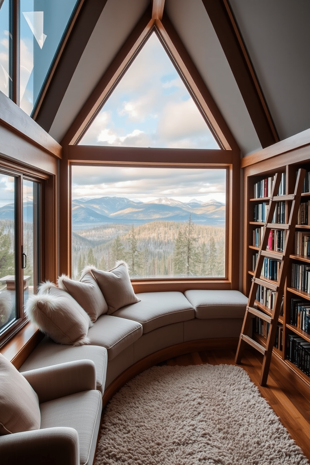 A cozy window seat adorned with plush, oversized cushions invites relaxation, framed by large, panoramic windows that offer breathtaking views of the surrounding mountains. The warm wooden accents and soft, neutral color palette create a serene atmosphere, perfect for curling up with a good book. The library features built-in shelves filled with an extensive collection of books, seamlessly integrated into the architecture of the room. A rustic wooden ladder leans against the shelves, while a plush area rug anchors the seating area, enhancing the inviting and warm ambiance of this mountain home retreat.