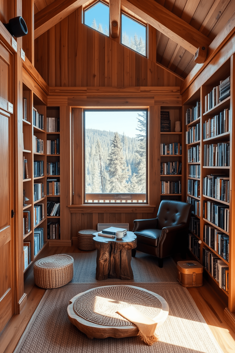 A cozy mountain home library featuring natural wood finishes that create a warm and inviting atmosphere. The walls are lined with built-in wooden bookshelves filled with an eclectic mix of books, while a plush leather armchair sits in the corner, inviting readers to relax. Large windows frame the stunning views of the surrounding forest, allowing natural light to flood the space. A rustic wooden table in the center serves as a perfect spot for reading or enjoying a cup of coffee, complemented by a woven area rug that adds texture to the floor.