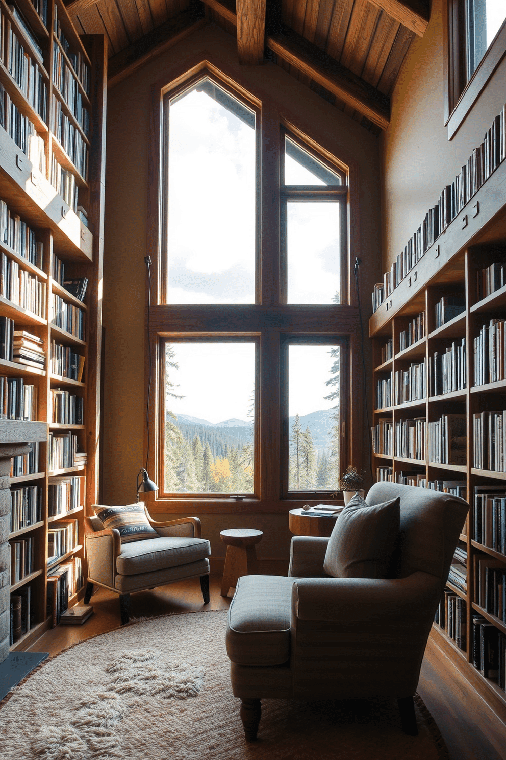 A cozy mountain home library featuring reclaimed wood bookshelves that stretch from floor to ceiling, filled with an array of colorful books. A large, comfortable armchair upholstered in organic cotton sits in the corner, accompanied by a rustic wooden side table made from sustainable materials. Natural light floods the space through large windows that offer stunning views of the surrounding forest. The walls are painted in a warm, earthy tone, and a plush area rug made from recycled fibers adds texture and warmth to the room.