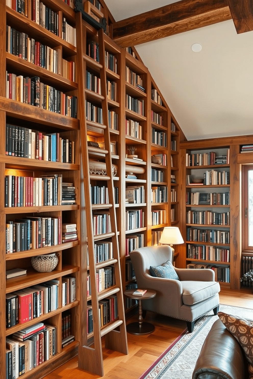 A cozy mountain home library features floor-to-ceiling bookshelves crafted from reclaimed wood, showcasing an array of books and decorative artifacts. A sliding ladder allows easy access to the upper shelves, while a comfortable reading nook with a plush armchair and a small side table is nestled in one corner, illuminated by warm, ambient lighting.