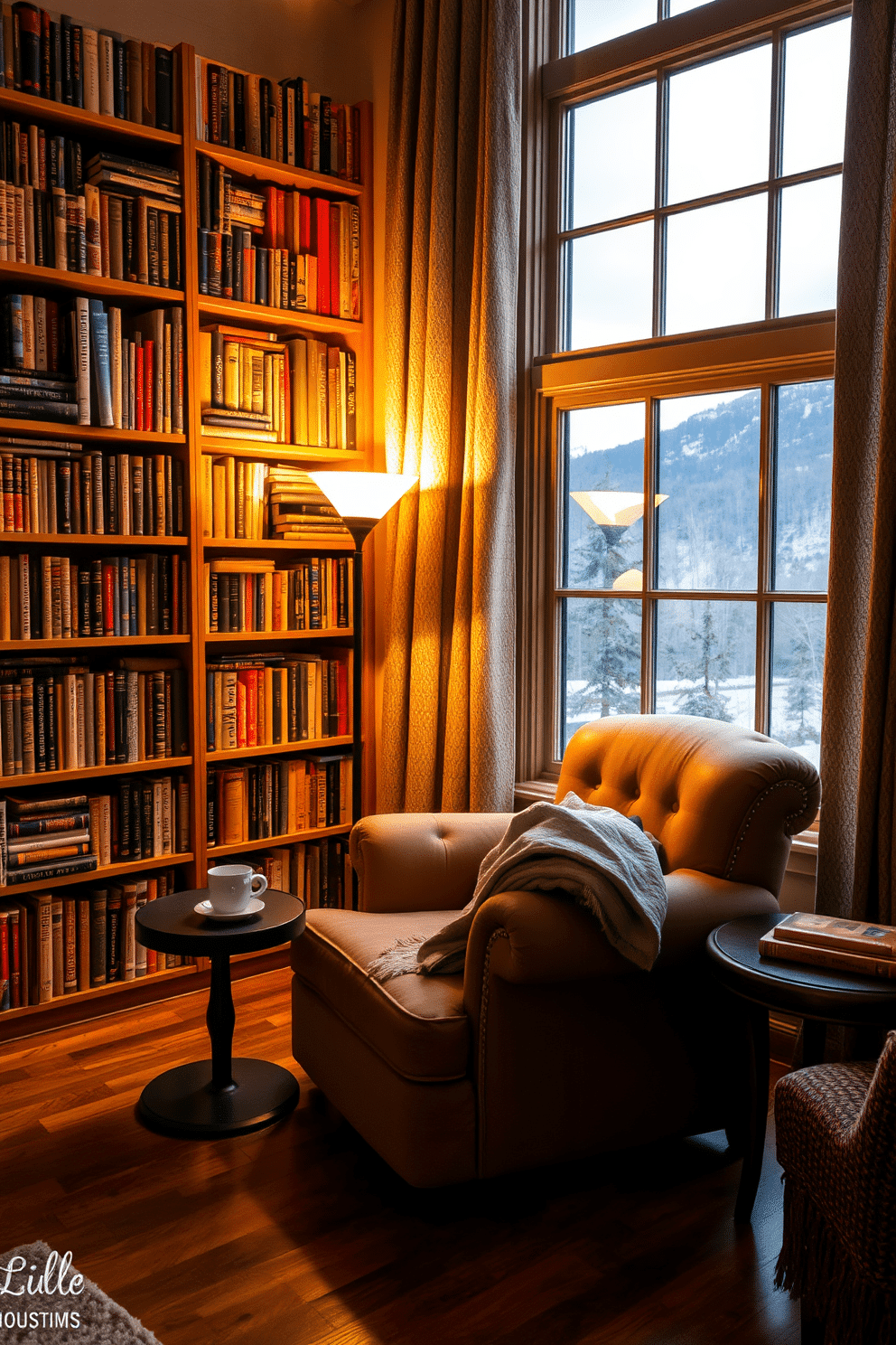 A personal library with a cozy atmosphere features floor-to-ceiling bookshelves filled with an eclectic mix of books, creating an inviting and warm environment. A plush, oversized armchair sits in a corner, accompanied by a small side table holding a steaming cup of tea and a soft throw blanket draped over the armrest. The room is illuminated by soft, ambient lighting from a vintage-style floor lamp, casting a warm glow across the rich wooden floors. Large windows framed with thick, textured curtains offer a view of the surrounding mountains, enhancing the serene and tranquil feel of the space.