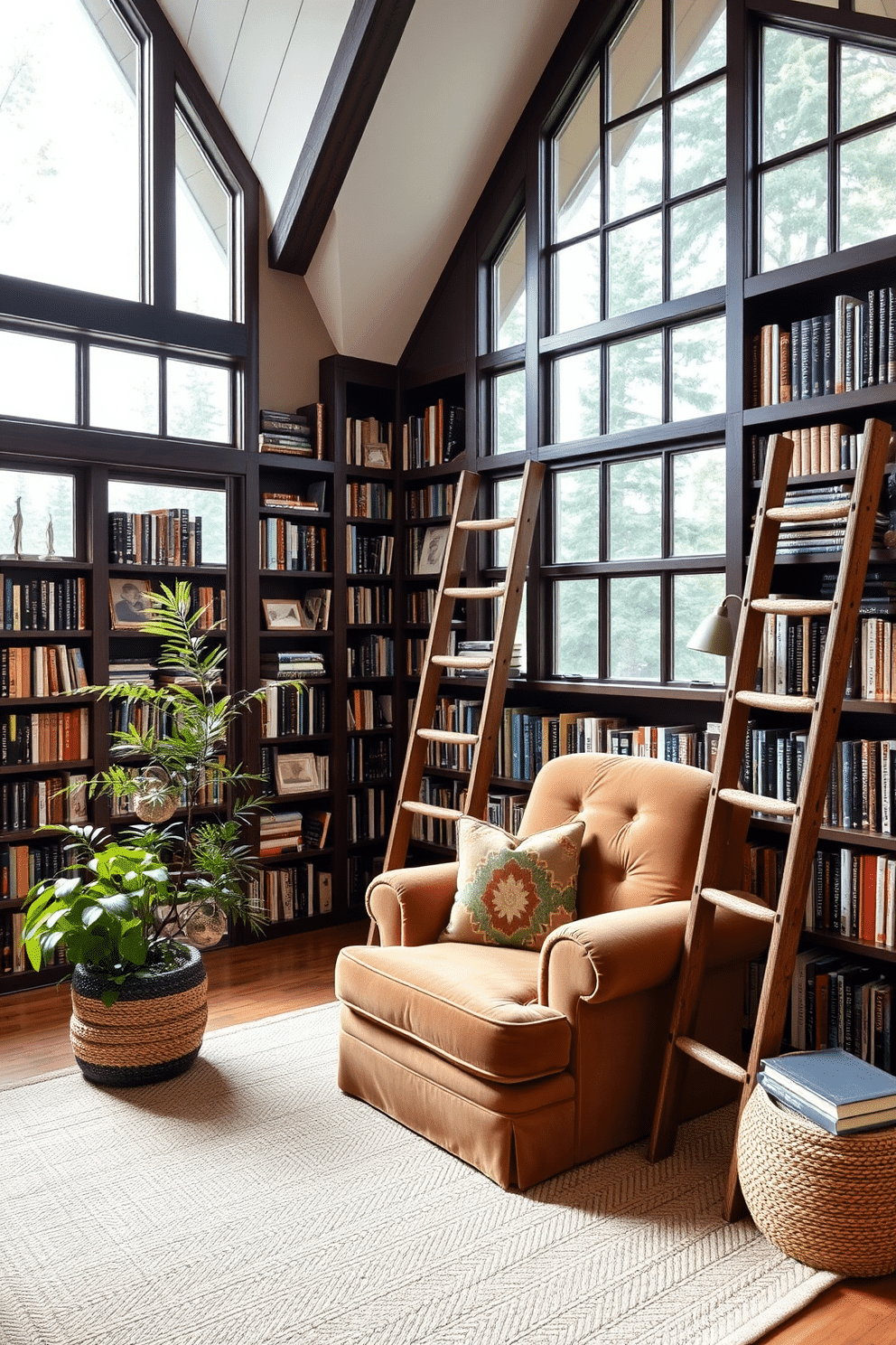 A cozy mountain home library with large windows allowing natural light to flood in. The walls are lined with dark wooden bookshelves filled with an eclectic mix of books and decorative items, complemented by a plush, oversized armchair in a warm, earthy tone. In one corner, a tall potted fern adds a touch of greenery, while a rustic wooden ladder leans against the shelves for easy access to the upper books. A soft, woven rug in neutral colors anchors the space, inviting readers to curl up with a good book.