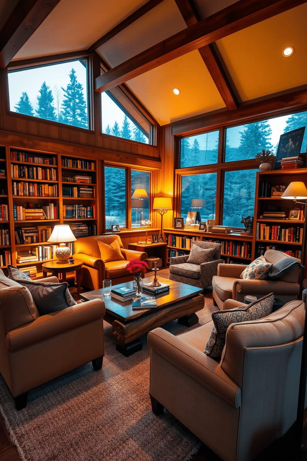 A cozy mountain home library bathed in soft, ambient lighting creates an inviting atmosphere for evening reading. Plush armchairs in warm earth tones are arranged around a rustic wooden coffee table, while a large window offers a view of the serene forest outside. The shelves are filled with an eclectic mix of books, interspersed with decorative items that reflect the natural surroundings. A soft area rug underfoot adds warmth, and strategically placed floor lamps provide gentle illumination for late-night literary adventures.