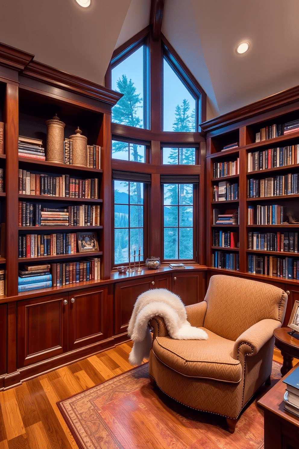 Custom cabinetry for organized storage. The library features floor-to-ceiling wooden shelves crafted from rich mahogany, showcasing an extensive collection of books and decorative items. Mountain Home Library Design Ideas. Large windows offer breathtaking views of the surrounding forest, while a cozy reading nook with a plush armchair and a soft throw invites relaxation.