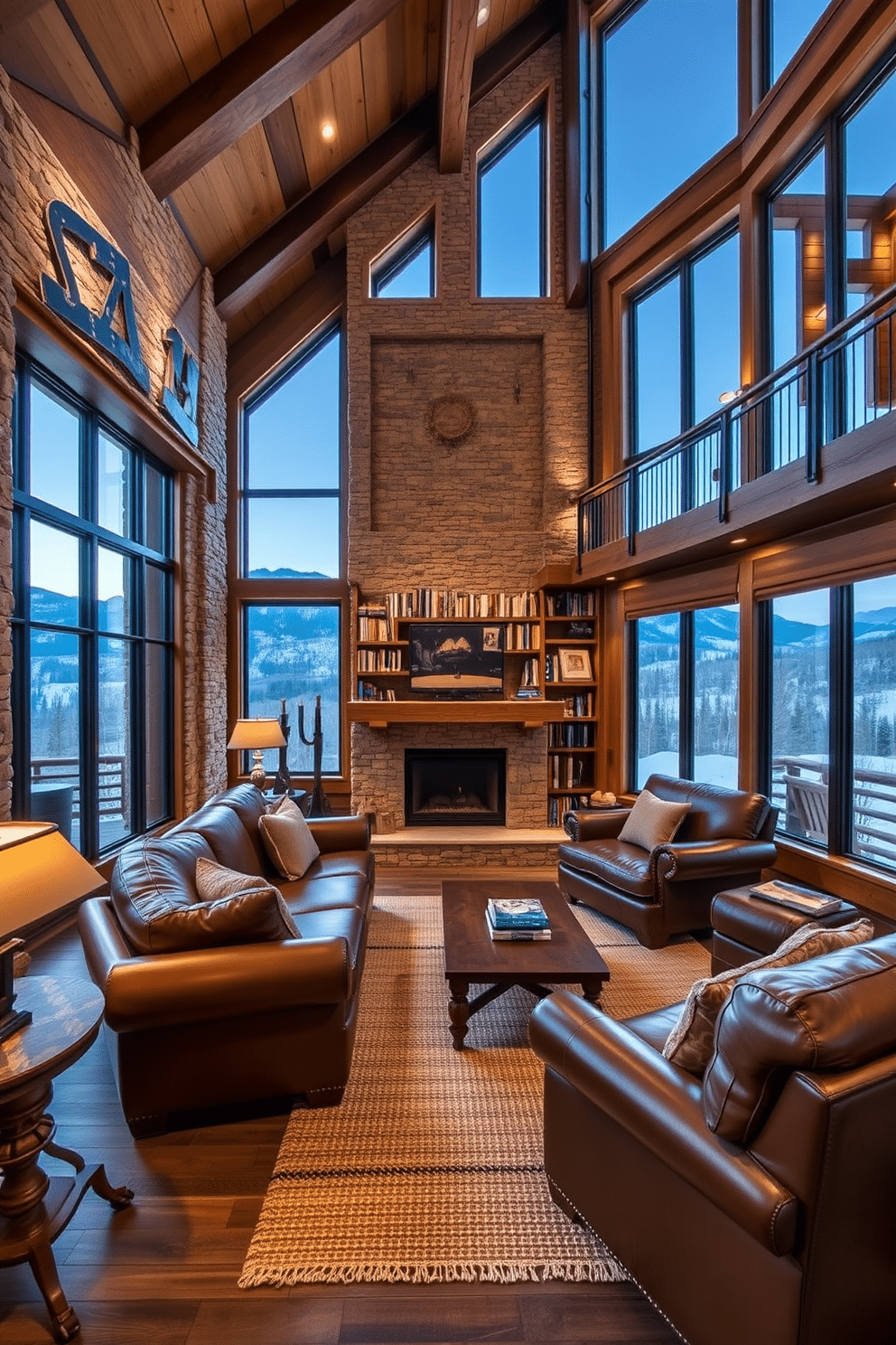 A cozy mountain home library features a mix of rustic wooden shelves and plush, oversized seating. The walls are adorned with a combination of stone and wood paneling, creating a warm and inviting atmosphere. Soft, ambient lighting illuminates the space, highlighting the rich textures of a woven area rug and leather accents throughout. Large windows frame the breathtaking mountain views, inviting natural light to enhance the library's serene environment.