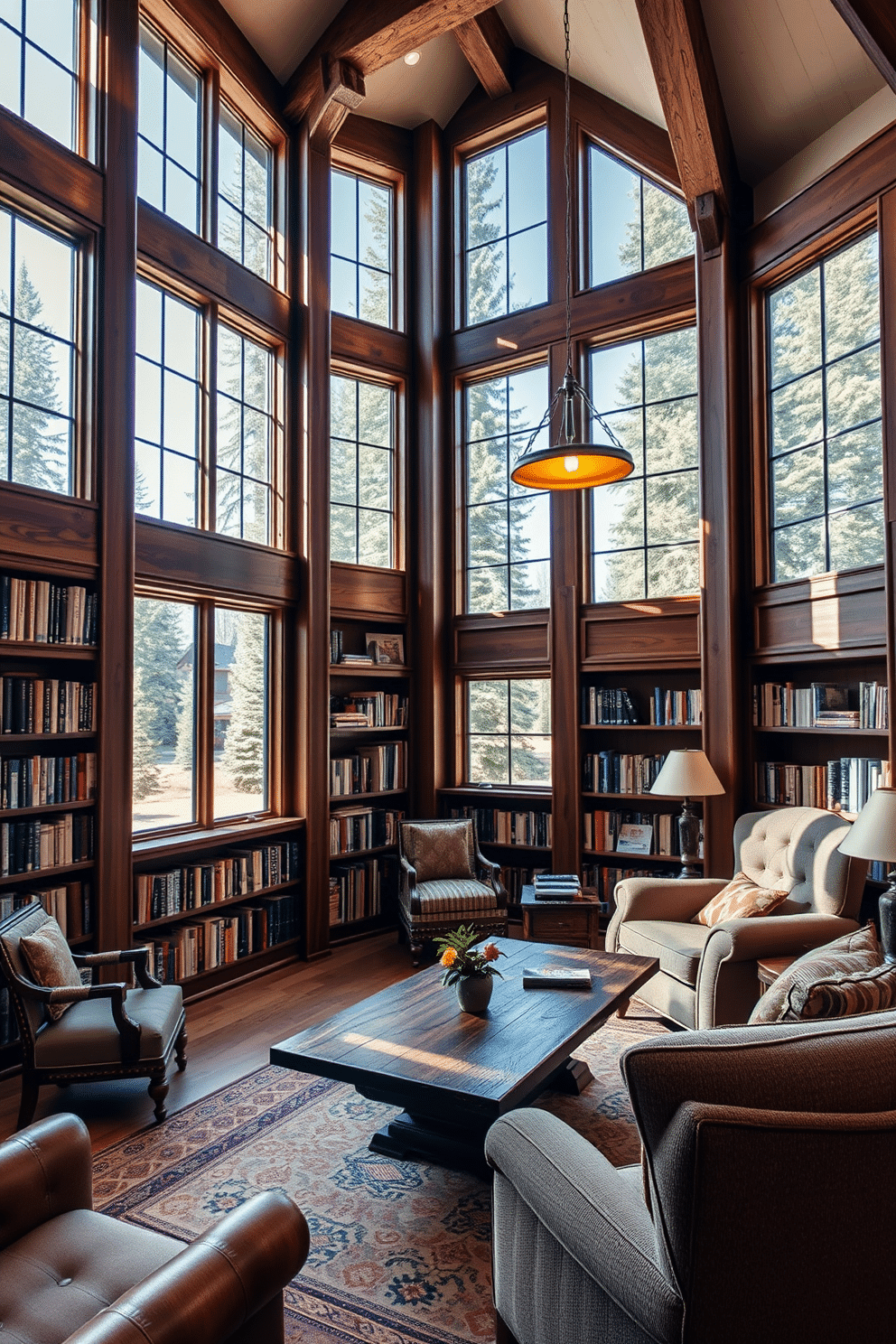 A cozy mountain home library with large windows allowing abundant natural light to flood the space. The walls are lined with rich wooden bookshelves filled with a variety of books, and a plush, oversized armchair sits in the corner, inviting relaxation. A rustic wooden table occupies the center of the room, surrounded by comfortable seating options. Soft, warm lighting fixtures hang from the ceiling, complementing the natural light and creating an inviting atmosphere for reading and study.