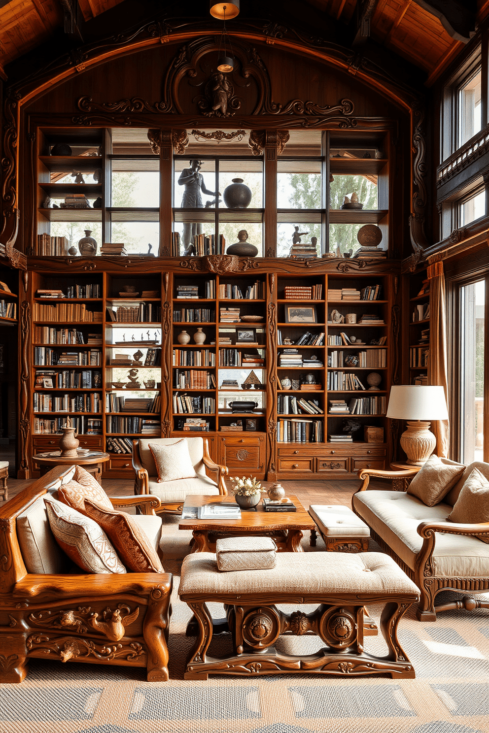 Artisan-crafted furniture fills the space, showcasing intricate details and natural materials that reflect a unique style. The room features a large, hand-carved wooden bookshelf, filled with a curated selection of books and decorative objects. The library is bathed in warm, natural light from expansive windows, highlighting the rich textures of the furniture. Cozy seating areas with plush cushions invite relaxation, creating an inviting atmosphere perfect for reading and contemplation.