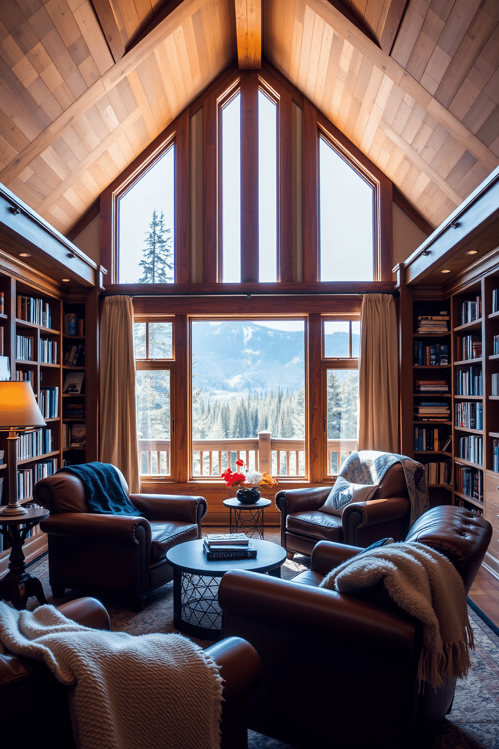 A cozy mountain home library features leather armchairs adorned with soft throw blankets, inviting relaxation and comfort. The walls are lined with rich wooden bookshelves filled with an eclectic collection of books, while large windows offer breathtaking views of the surrounding nature.