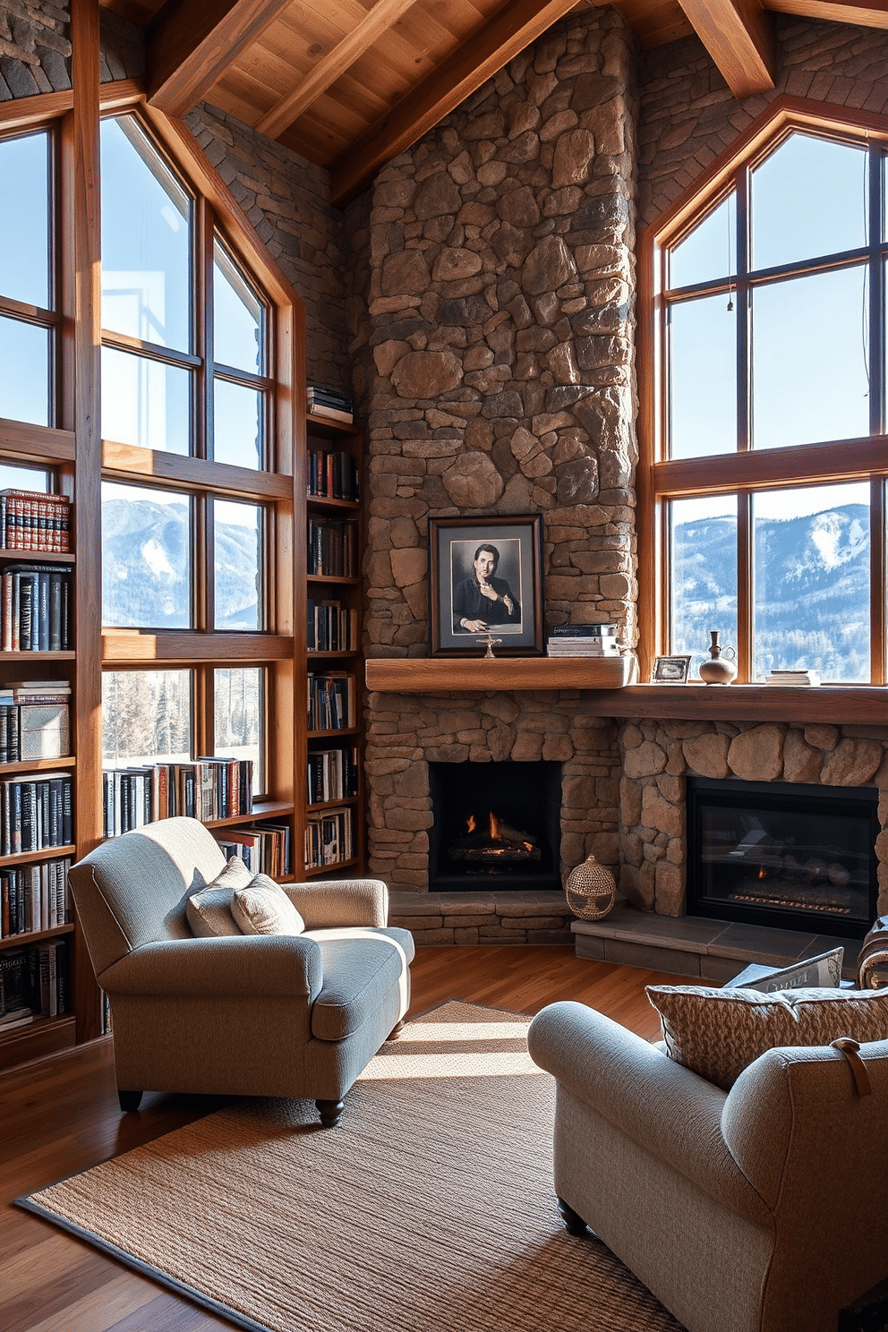 A cozy mountain home library featuring a stunning stone accent wall that brings the outdoors inside. The space is adorned with rustic wooden bookshelves filled with a curated collection of books, and a plush, oversized armchair invites relaxation by the fireplace. Large windows frame breathtaking mountain views, allowing natural light to flood the room. A warm, earthy color palette complements the stone, with soft textiles and a woven area rug adding comfort and texture.