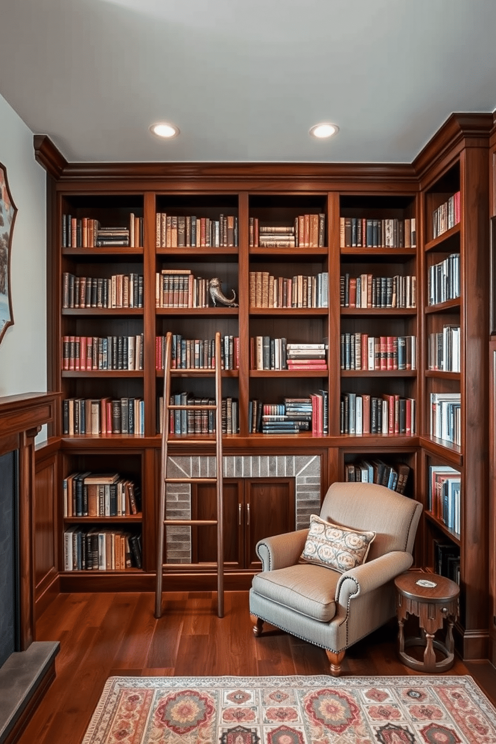 A cozy mountain home library featuring built-in bookshelves that stretch from floor to ceiling, crafted from rich, dark wood. A stylish ladder leans against the shelves, providing access to an extensive collection of books, while a plush armchair sits invitingly in the corner, perfect for reading by the fireplace.