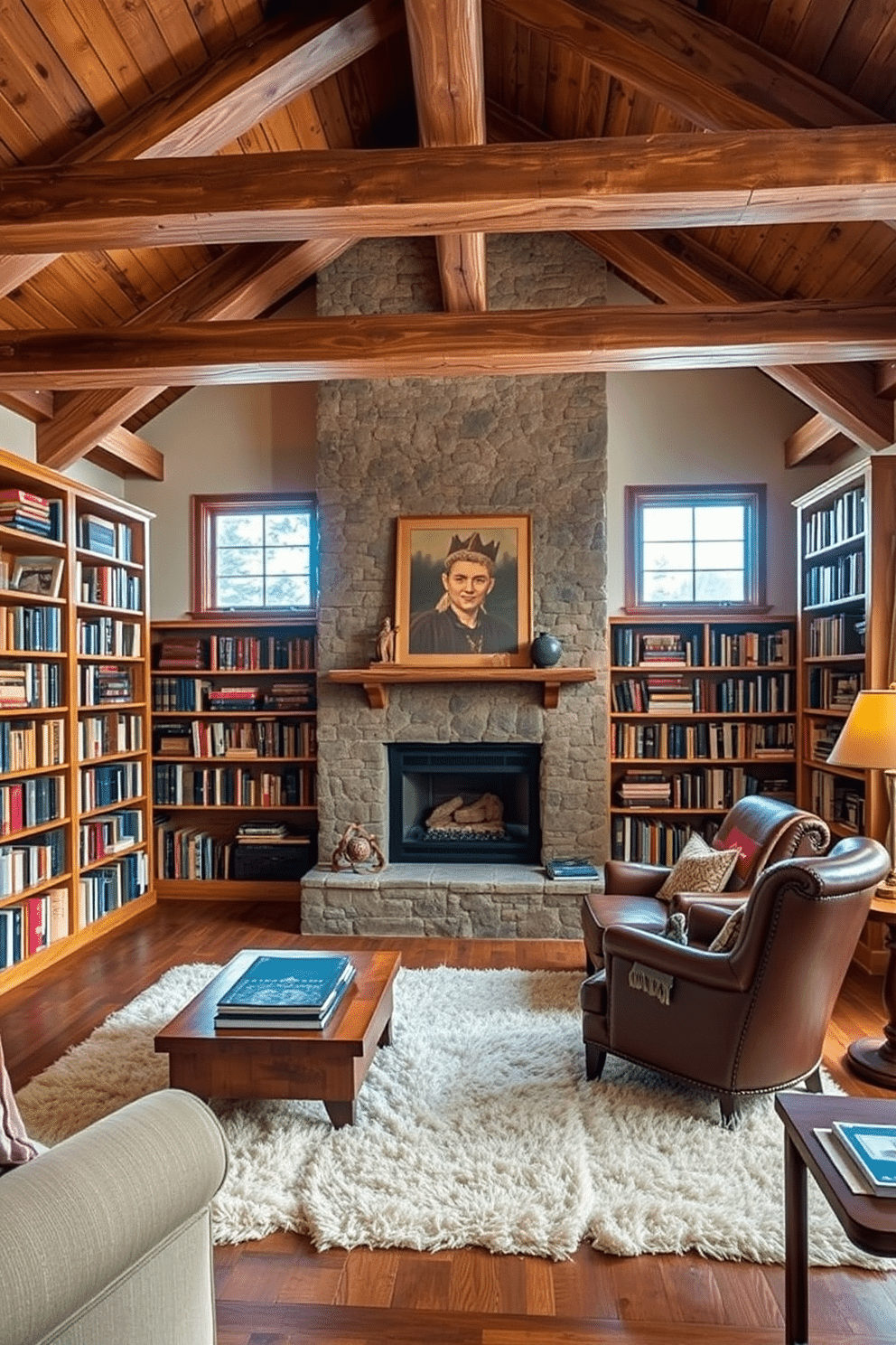 A cozy mountain home library with reclaimed wood beams adding a rustic touch to the ceiling. The room features floor-to-ceiling bookshelves filled with a mix of vintage and contemporary books, along with a comfortable leather armchair nestled in the corner. A large stone fireplace serves as the focal point, surrounded by warm, earthy tones and soft lighting. A plush area rug lies beneath a wooden coffee table, creating an inviting space for reading and relaxation.