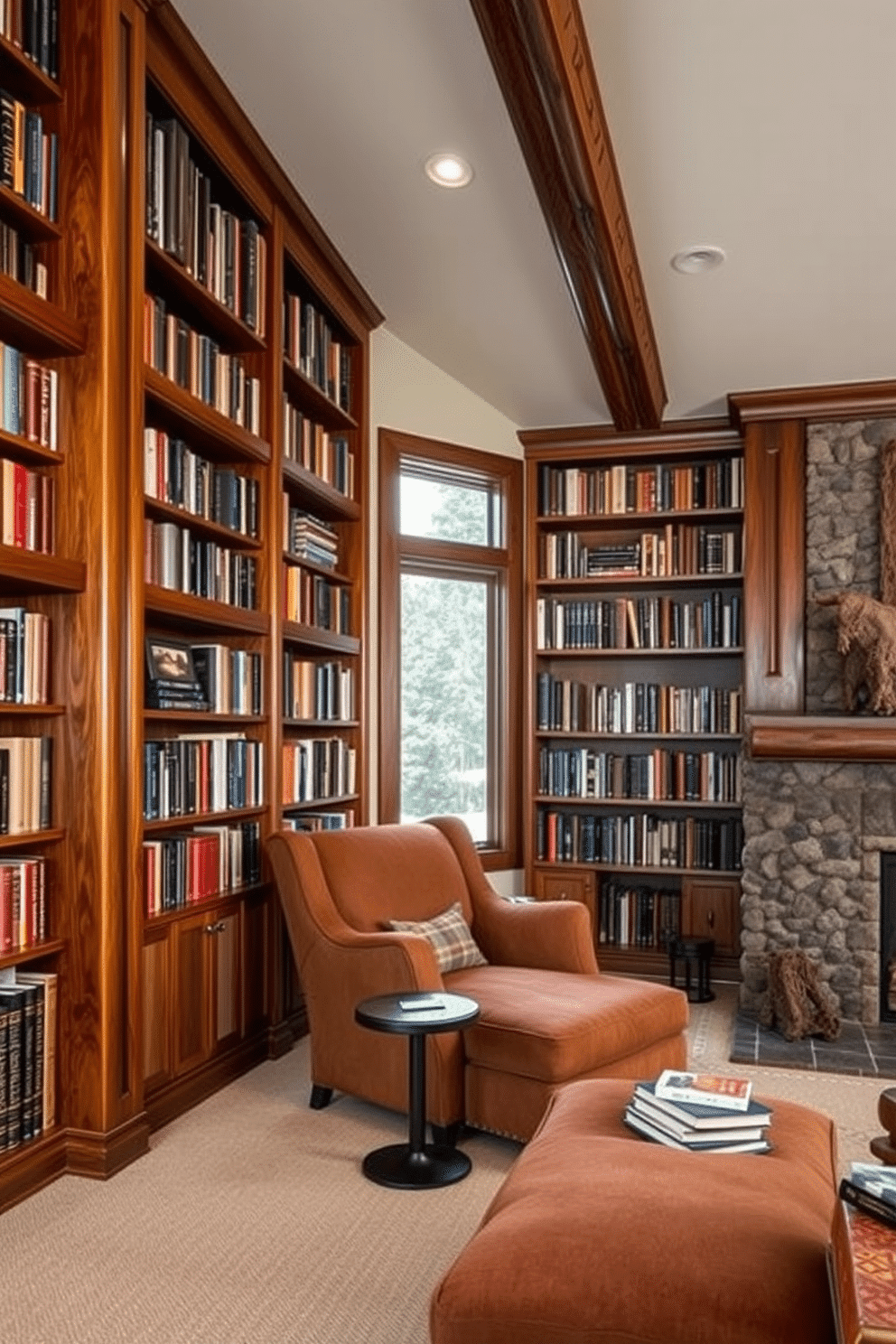 A cozy mountain home library features floor-to-ceiling bookshelves crafted from rich, dark wood, providing ample storage for an extensive book collection. A large, plush armchair upholstered in warm, earthy tones sits in the corner, inviting you to curl up with a good book next to a crackling fireplace.