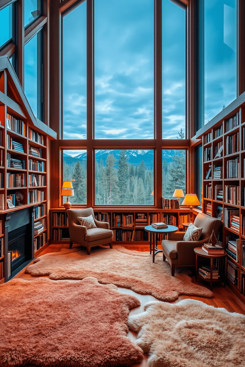 A cozy mountain home library featuring soft, plush area rugs that invite relaxation. The room is adorned with wooden bookshelves filled with an eclectic collection of books, and large windows offering breathtaking views of the surrounding forest. A comfortable reading nook is nestled in one corner, complete with a stylish armchair and a small side table. Warm, ambient lighting enhances the inviting atmosphere, making it the perfect space to unwind with a good book.