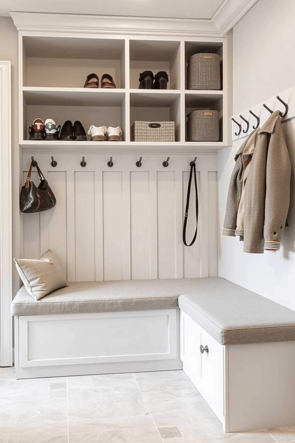 An L-shaped corner bench is designed to maximize space in a mudroom, featuring a sleek, modern aesthetic with clean lines and a soft gray upholstery. Above the bench, open shelving provides functional storage for shoes and bags, while a series of hooks line the wall for coats and accessories.