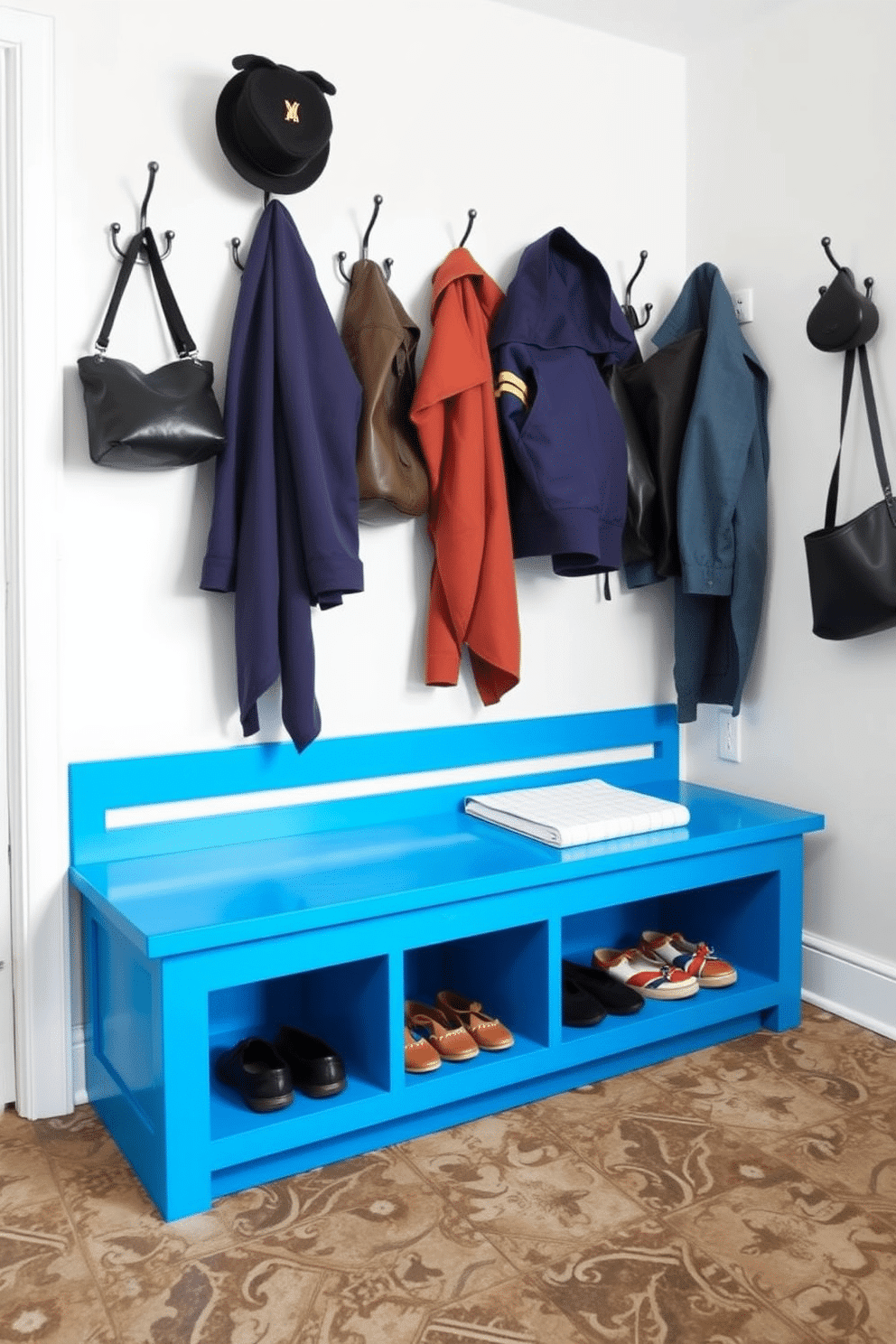 A brightly painted bench in vibrant blue serves as a striking focal point in the mudroom, adding a cheerful splash of color against the neutral backdrop. The bench features a sleek design with built-in storage underneath for shoes and outdoor gear, creating a functional yet stylish element in the space. Surrounding the bench, hooks are mounted on the wall for hanging coats and bags, ensuring easy access to essentials. The floor is adorned with durable, patterned tiles that complement the bench while providing practicality for high-traffic areas.