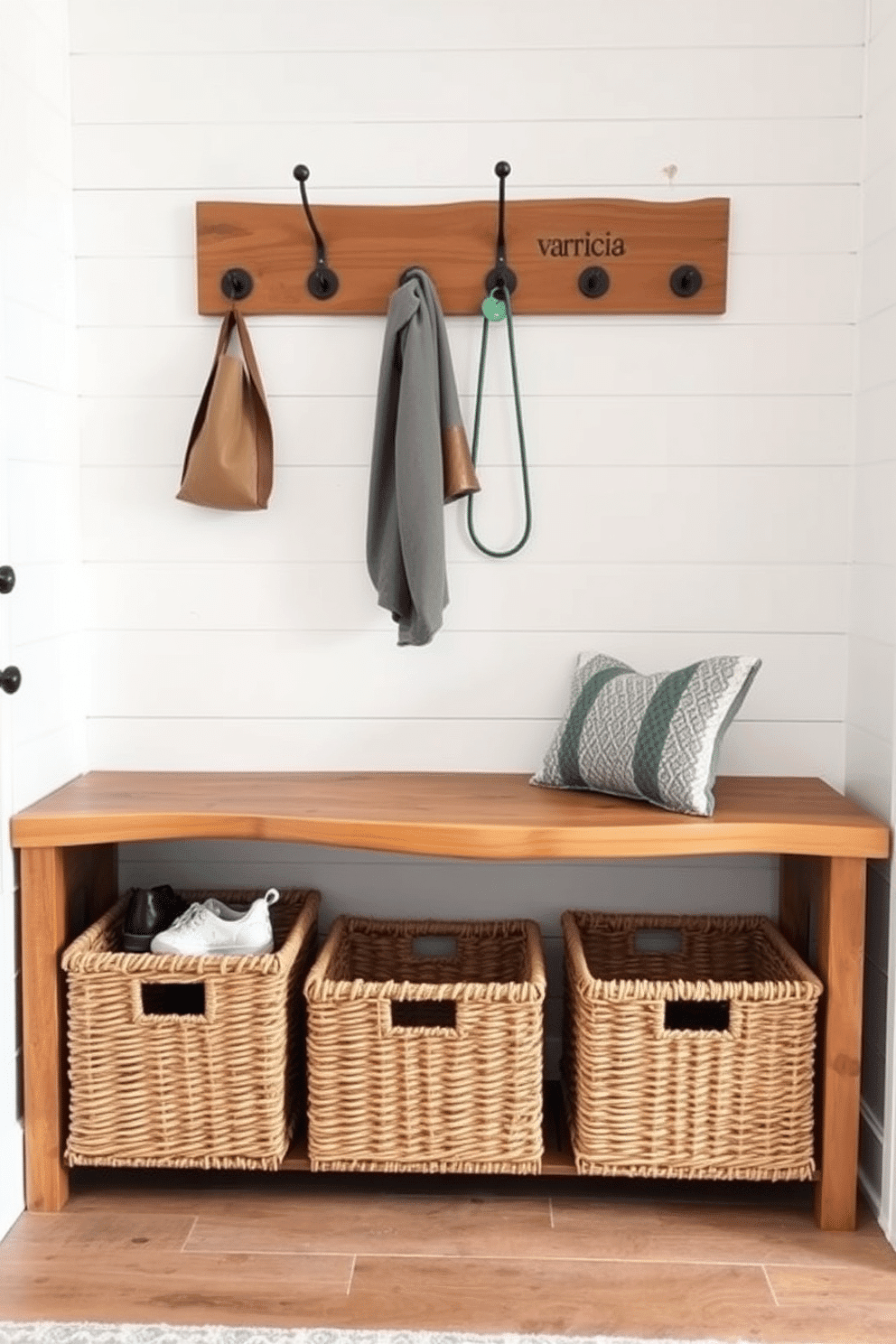 A natural wood bench with a live edge design is the centerpiece of a stylish mudroom. The bench is complemented by a backdrop of shiplap walls painted in a soft white, creating a bright and airy atmosphere. Beneath the bench, woven baskets provide practical storage for shoes and outdoor gear. A rustic coat rack made from reclaimed wood hangs above, adorned with vintage hooks for added charm.