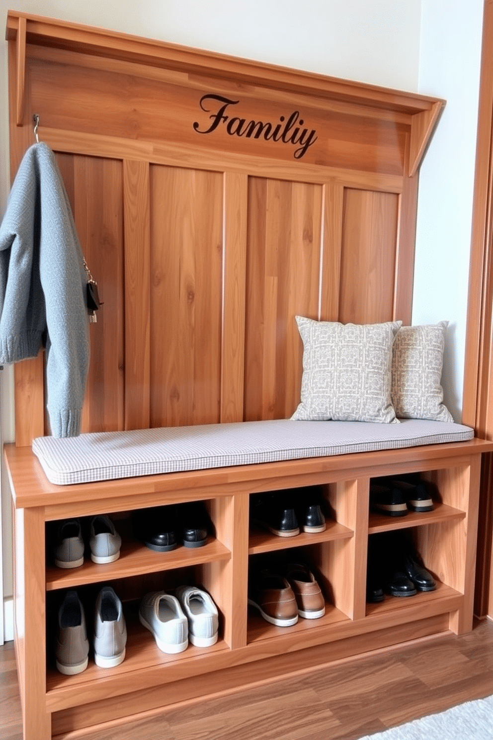 A custom mudroom bench features a sleek design with a warm wood finish, seamlessly blending functionality and style. The bench is adorned with the family name elegantly engraved on the backrest, creating a personalized touch that enhances the entryway. Beneath the bench, built-in storage cubbies provide ample space for shoes and outdoor gear, keeping the area organized and clutter-free. Soft cushions in a complementary fabric add comfort, making it an inviting spot for family members to sit while removing their shoes.