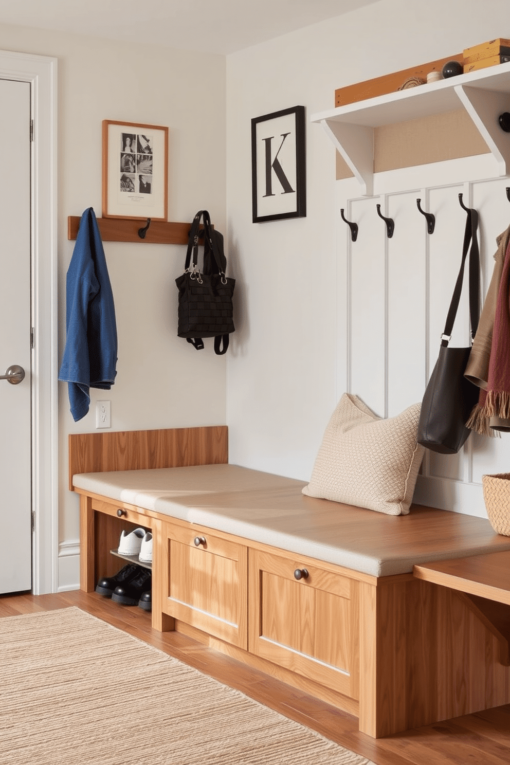 A stylish entryway features a sleek wooden bench with a built-in umbrella holder on one side. The bench is upholstered in a soft, neutral fabric, and above it, a series of framed artwork adds a personal touch to the space. In a functional mudroom, a robust bench is designed with ample storage beneath for shoes and bags. The walls are adorned with hooks for coats, and a textured rug adds warmth to the area, creating an inviting atmosphere.