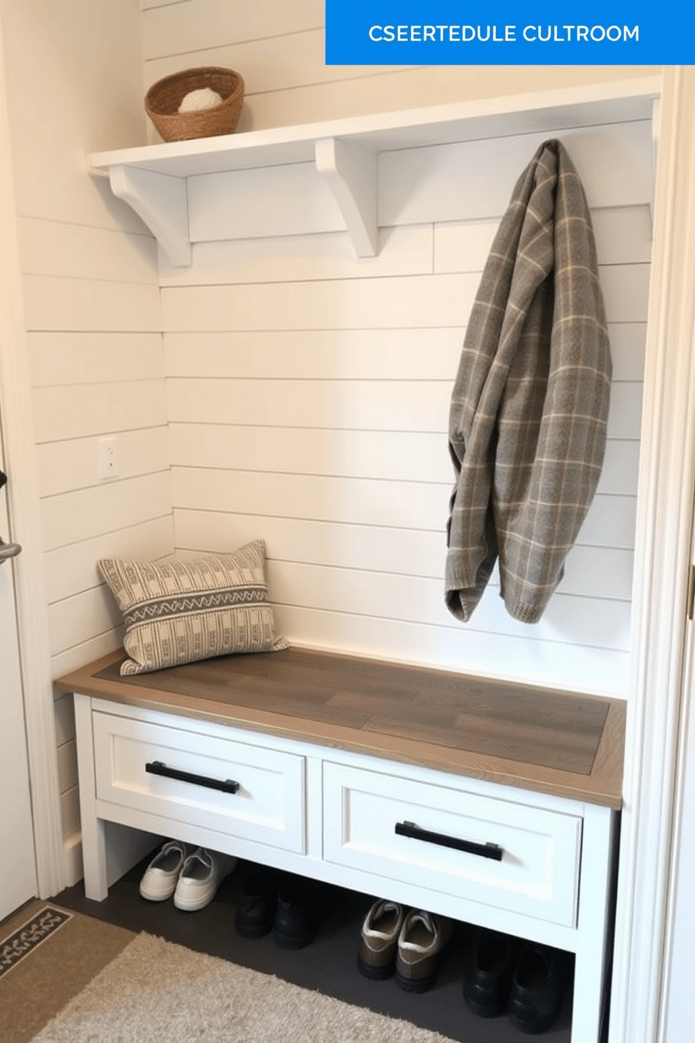 A stylish mudroom bench features a sleek design with hidden storage compartments beneath the seat, perfect for keeping shoes and outdoor gear organized. The bench is upholstered in a durable fabric, complemented by a backdrop of shiplap walls painted in a soft, inviting color.