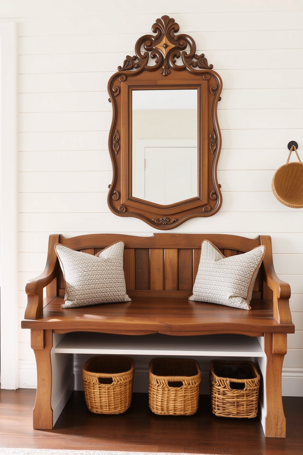 An artisan-crafted bench with unique carvings serves as the focal point of the mudroom, showcasing intricate details that reflect skilled craftsmanship. The bench is complemented by a backdrop of shiplap walls painted in a soft, inviting hue, creating a warm and welcoming atmosphere. Beneath the bench, a series of woven baskets provide stylish storage for shoes and outdoor gear, keeping the space organized and clutter-free. A large, decorative mirror hangs above the bench, enhancing natural light and making the mudroom feel more spacious.