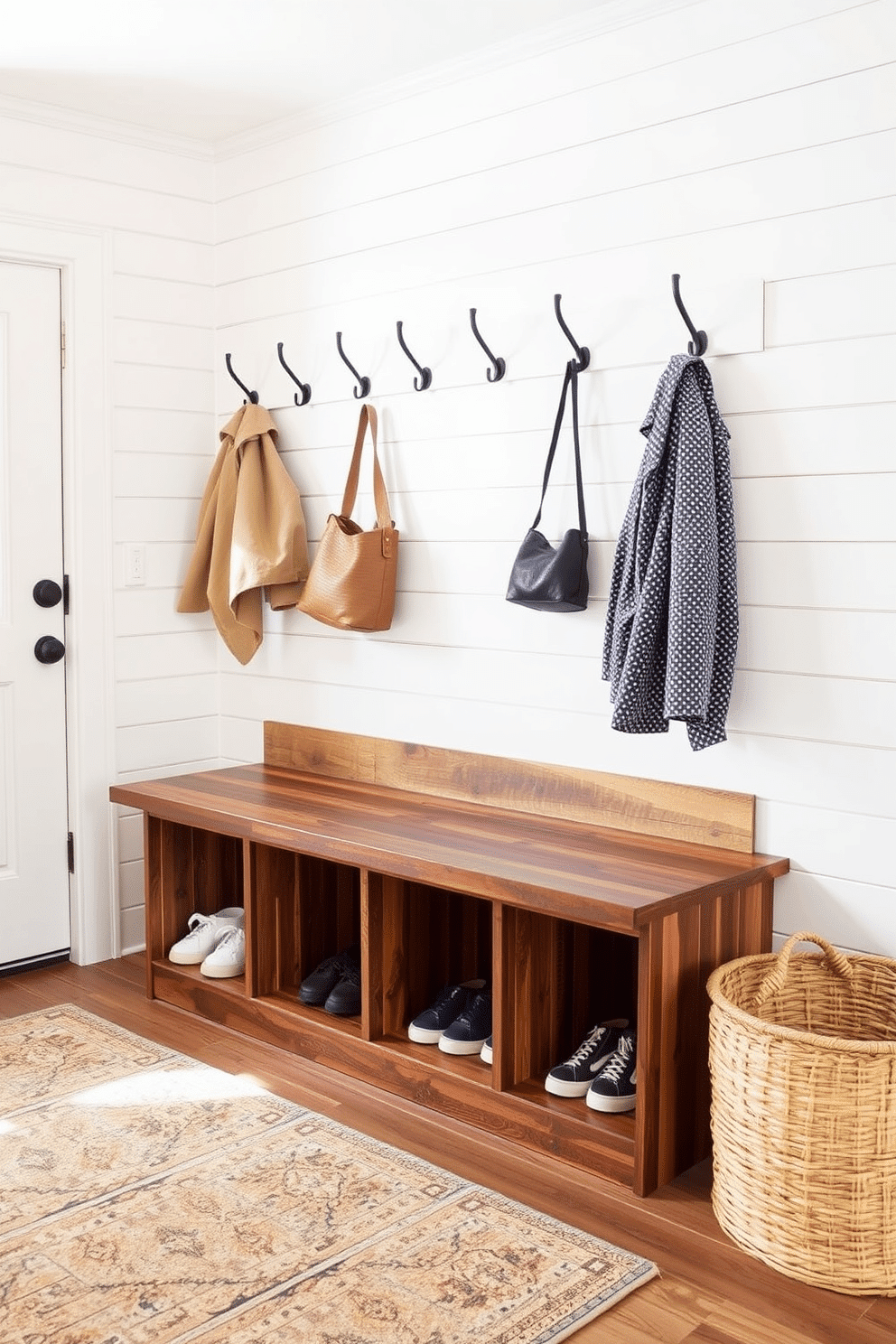 A versatile mudroom bench features an adjustable height mechanism, allowing for comfortable seating for both adults and children. The bench is crafted from reclaimed wood, showcasing a rustic charm, and is complemented by built-in storage cubbies underneath for shoes and outdoor gear. The backdrop consists of shiplap walls painted in a soft, airy white, enhancing the natural light in the space. A row of hooks above the bench provides convenient storage for coats and bags, while a woven basket sits nearby for added organization.