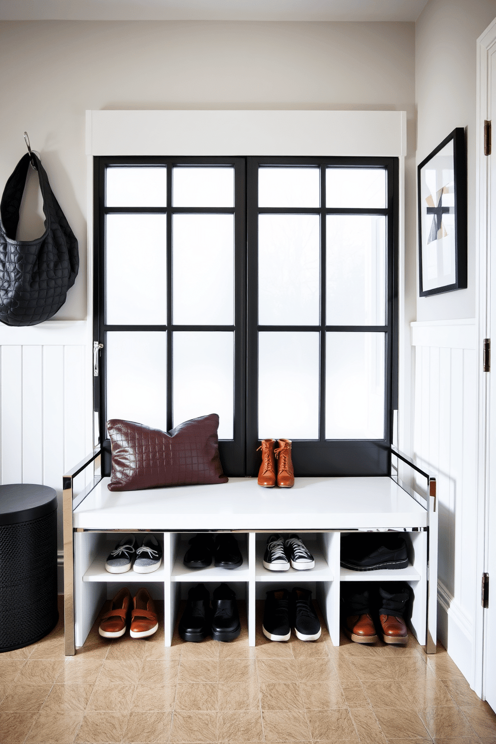 A sleek mudroom bench features chrome accents that add a modern touch to the space. The bench is paired with a glass panel backdrop, creating an airy feel while providing ample storage underneath for shoes and outdoor gear.