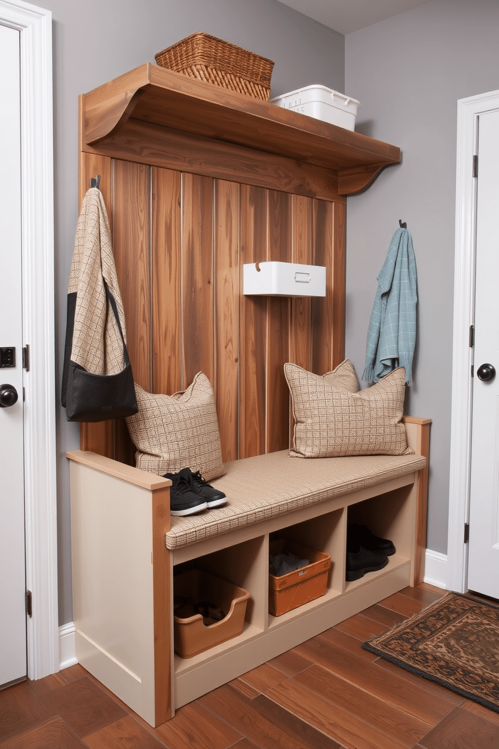 A stylish mudroom features a bench with open shelving underneath, providing easy access to shoes and storage bins. The bench is upholstered in a durable, weather-resistant fabric, while the shelving is crafted from reclaimed wood for a rustic touch.